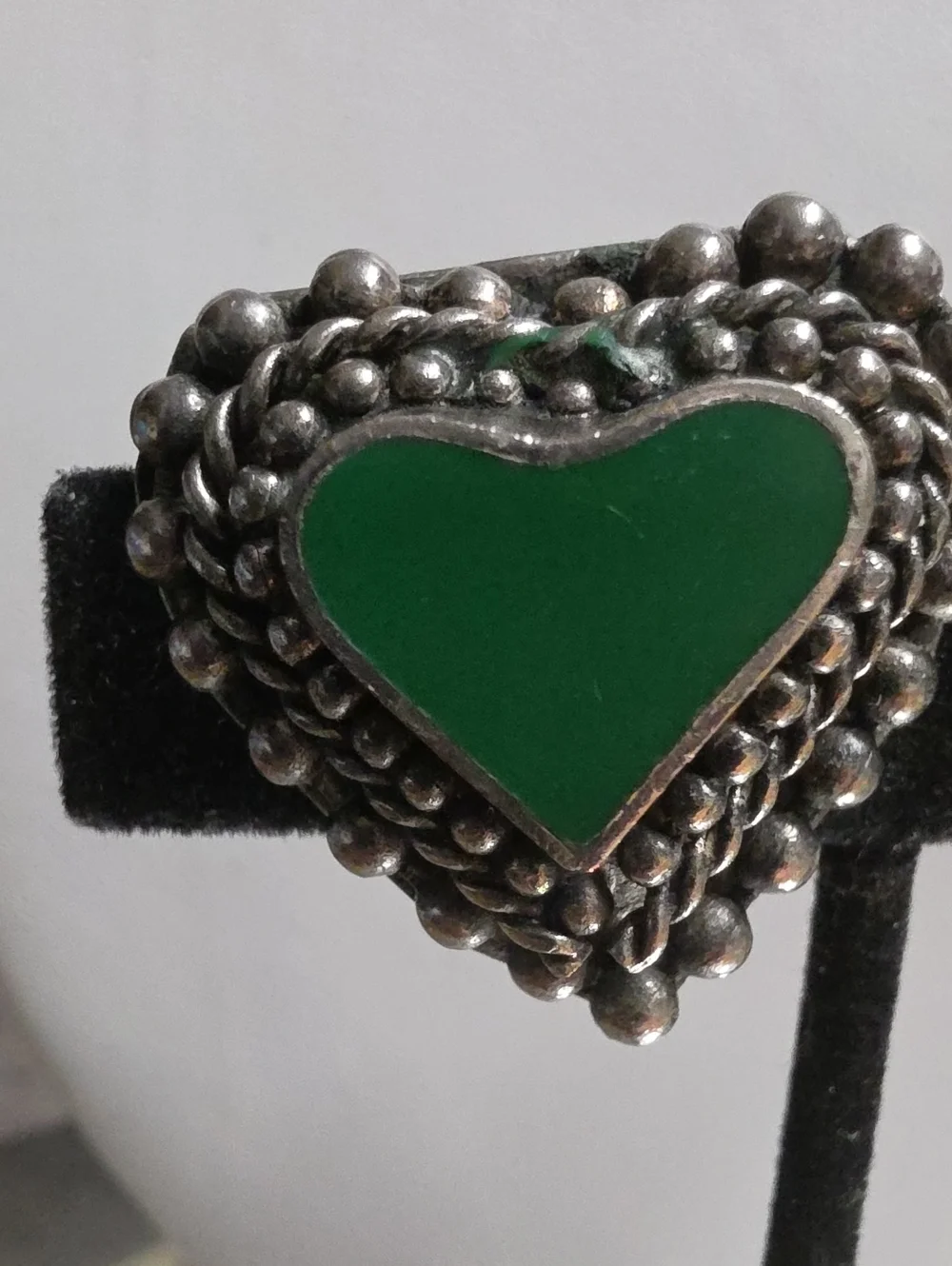 Vintage Oxidized Silver-Tone Heart Clip-On Earrings with Green Resin Center